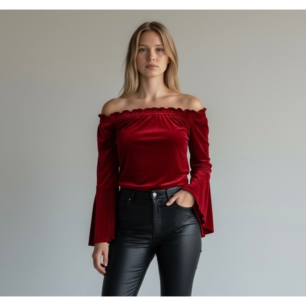 Artizan Robin Barre Red Velvet Size Large Off the Shoulder Bell Sleeve Top